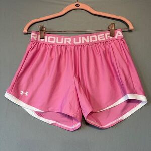 Under Armour Womens Loose Gym Shorts Size Small Pink Logo Spellout Fitness Yoga